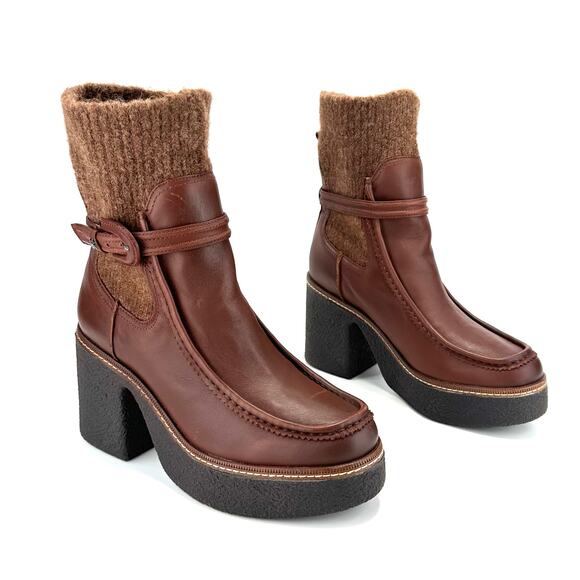 Sam Edelman Sidney Chunky Platform Bootie Size 10M Brown Leather Australian Wool - Picture 2 of 15